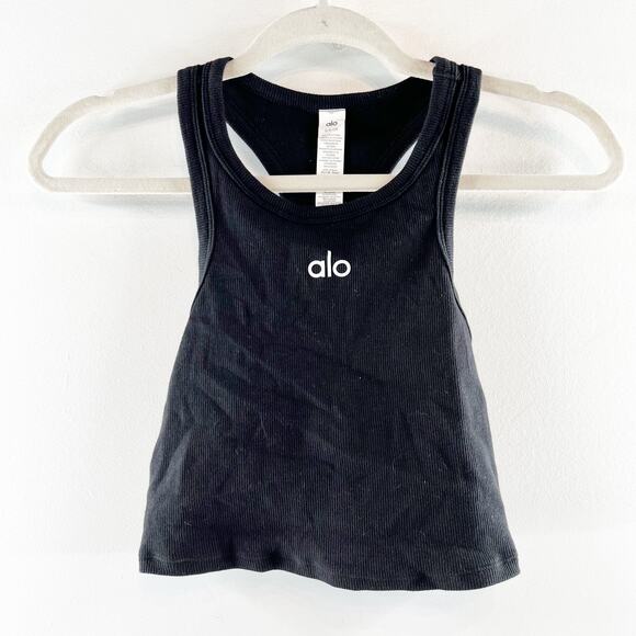 Alo Aspire Cropped Ribbed Racerback Tank Top Black Small - Picture 4 of 5